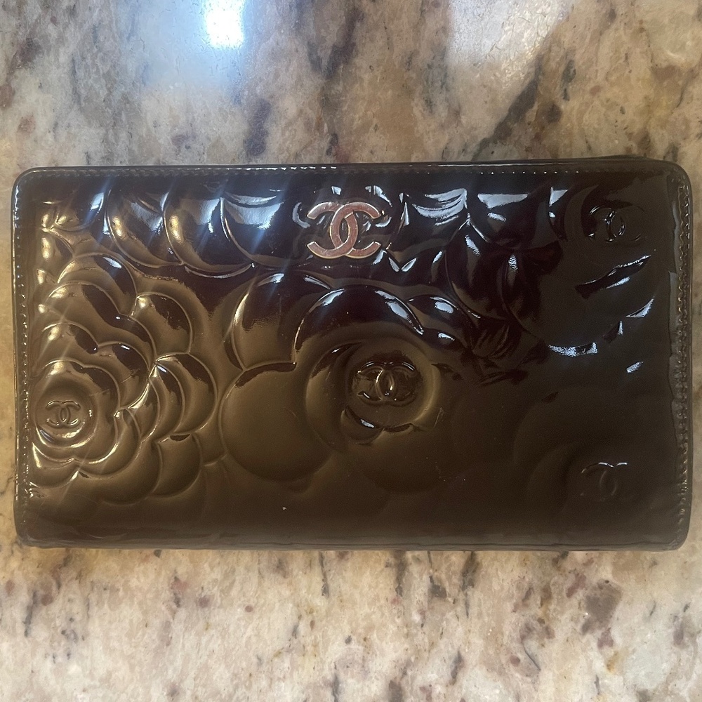 Chanel Patent Camellia Wallet